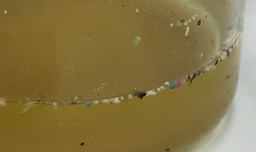 Microbeads and foam floating in yellow-brown colored water