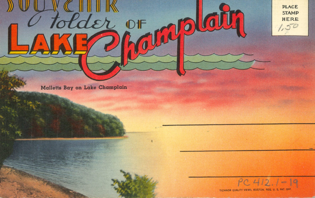 Postcard image saying Souvenir Folder of Lake Champlain with a sunset