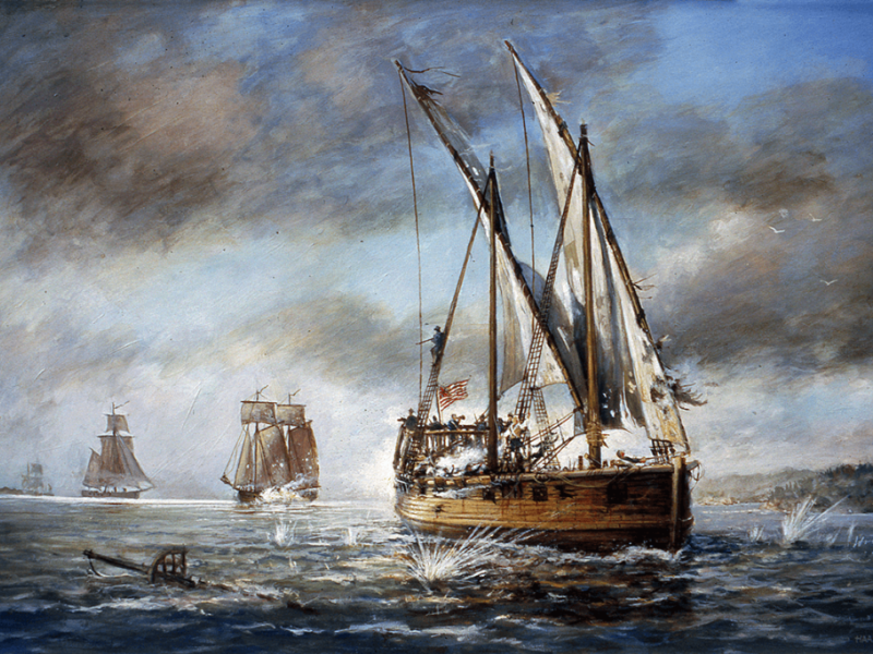 Painting by Ernie Haas showing the Battle of Valcour Island