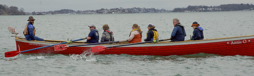 Lake Champlain Maritime Museum adult community rowing team practicing in the six-oared gig “Annie O.”