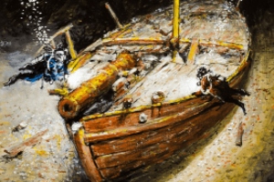 A close-up of of Ernie Haas' painting of the gunboat Spitfire