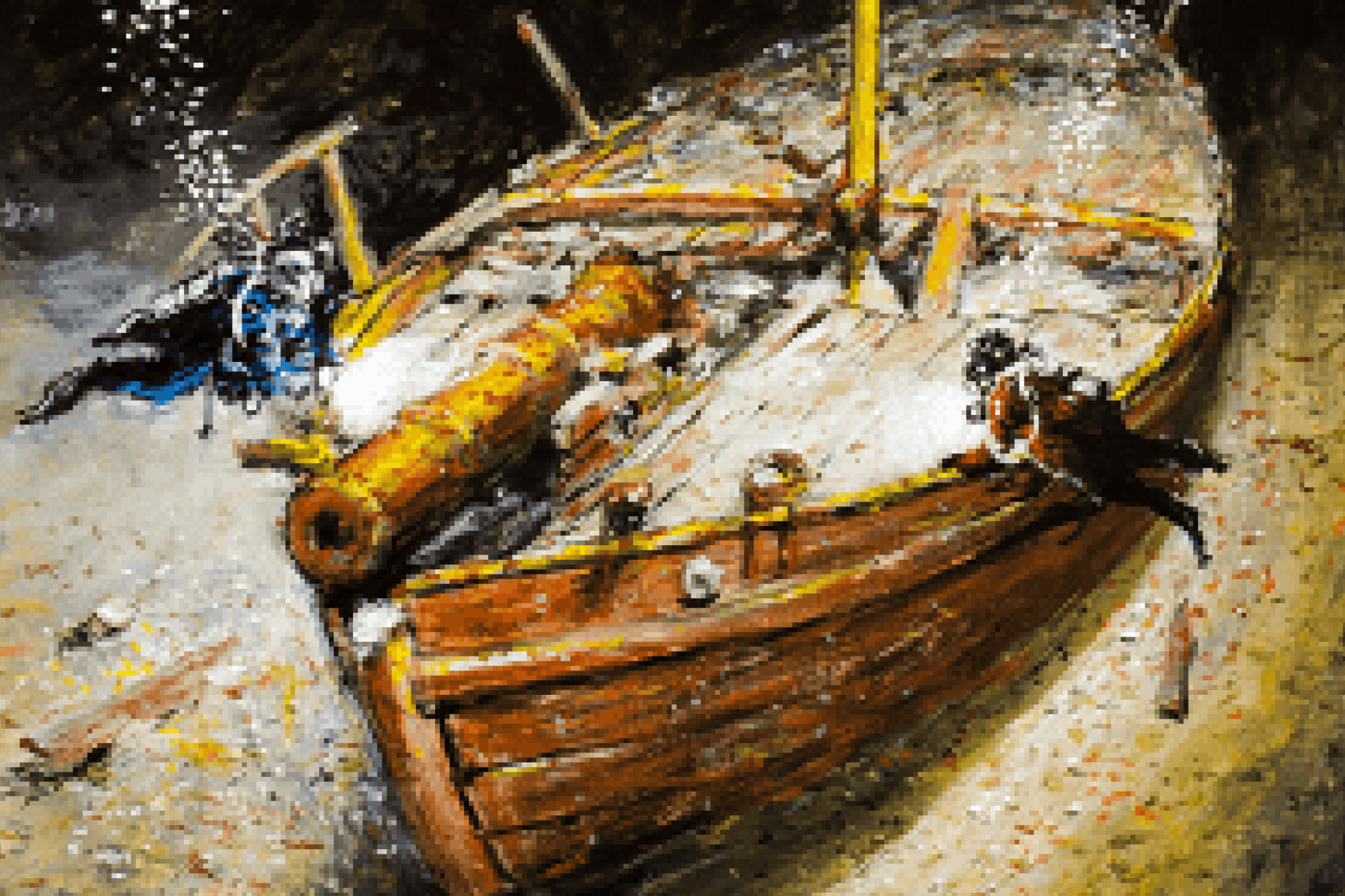 A close-up of of Ernie Haas' painting of the gunboat Spitfire